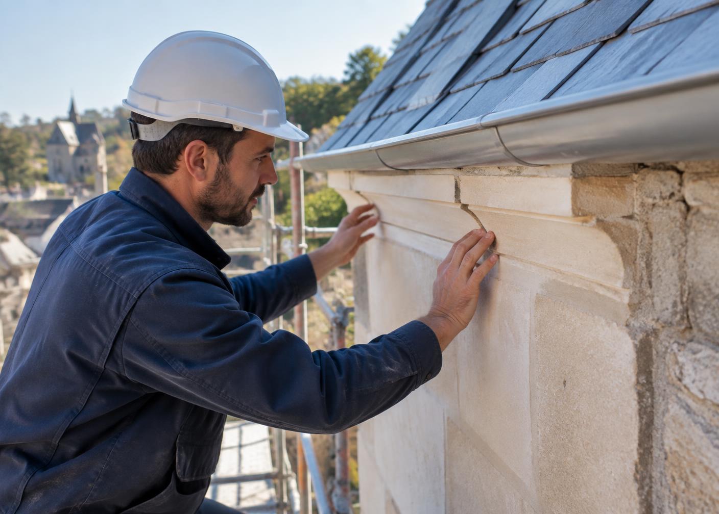 Artisan contrôlant avec soin une façade rénovée